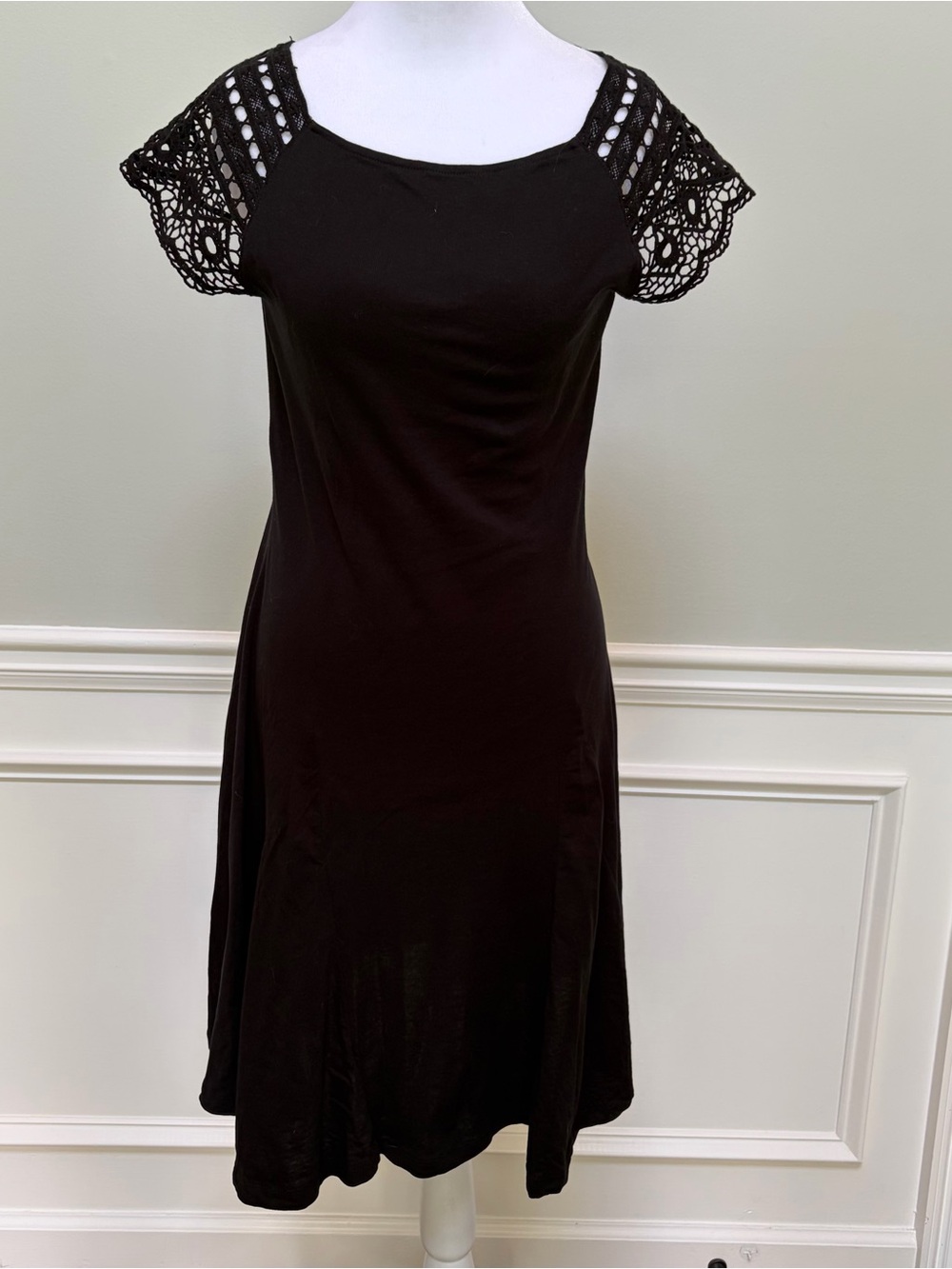 Ralph Lauren Black Cotton Midi Dress with Crochet Cap Sleeves S
